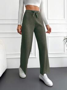 EURMUSE Casual Versatile Solid Color Bow Decor Straight Leg Pants - Khaki - View 4