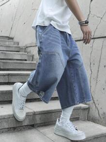 Manfinity EMRG 男士中蓝色水洗牛仔工装短裤，拼接街头风格宽松牛仔短裤