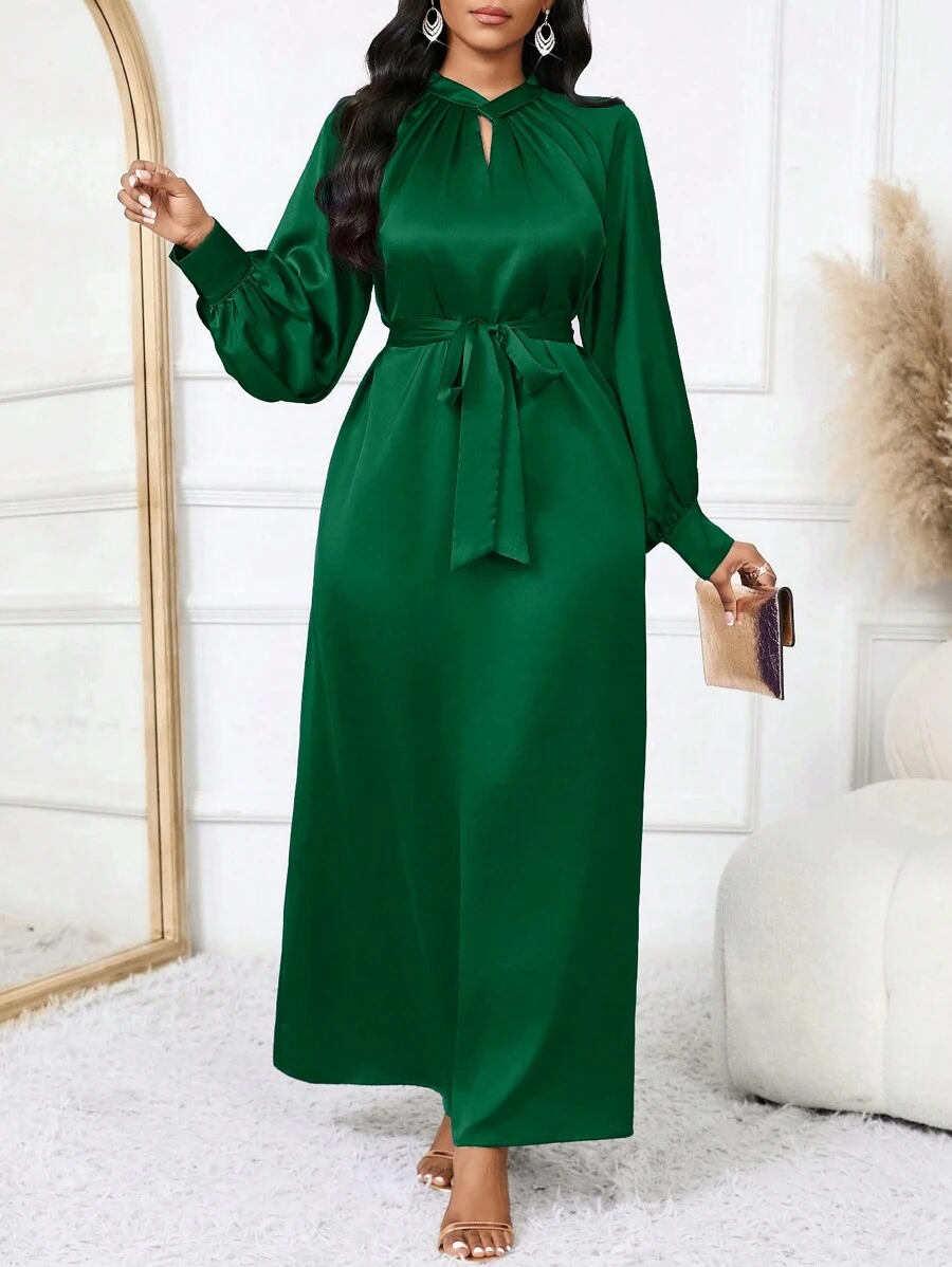 SHEIN Lady Vestido elegante morado para ir al trabajo de mujer, vestido de noche formal largo de otoño, atuendos de salida de otoño de mujer, vestidos de graduación, vestidos de concierto, vestido de mujer para el Día de Acción de Gracias, vestido de graduación morado elegante, vestido de otoño, vestido morado de manga larga para princesa de graduación - Verde Oscuro - Ver 1