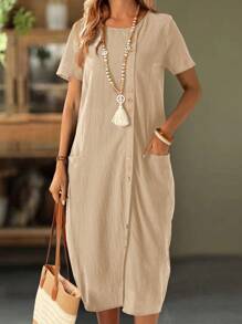 EMERY ROSE 女士纯色圆领短袖双口袋纽扣连衣裙 - 卡其色 - 查看 4