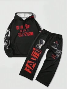 ROMWE MEN Street Life 男士秋季标语印花连帽运动衫和运动裤休闲两件套