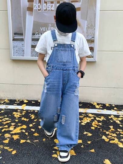 SHEIN Tween Boy Fashion Casual Based Blue Denim Overalls For Kids Summer Clothes