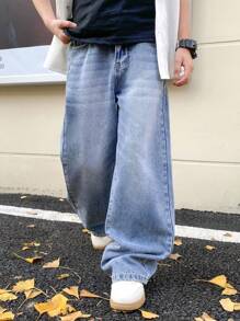 SHEIN Tween Boy Fashion Casual Blue Denim Basic Simple Mix And Match Loose Straight Leg Jeans For Boy Costume Dailywear And The Four Seasonsr Kids Clothes