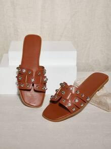 SHUZIA Women's Casual Comfort Metal Studded Round Toe Flat Sandals Spring Shoes Spring Break Easter - Brown - View 6