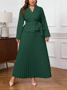 SHEIN Privé 加大码杏色褶皱不对称系腰正式西装，包括长衬衫和中长褶皱裙 - 墨綠色 - 查看 6