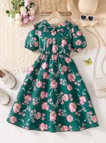 SHEIN Tween Girl Ditsy Floral Retro Sweet Ruffle Collared Puff Sleeve Loose Fit Princess Dress, Daily Wear, Mommy & Me Matching Outfit (2 Pieces Sold Separately) - Green - View 3