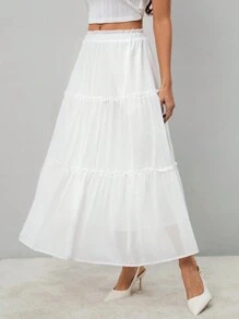 SHEIN Tall Ruffle Skirt Boho Long Skirt Break Solid Frill Trim Ruffle Hem White Skirt - White - View 7