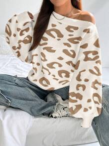 Flirla 宽松休闲百搭豹纹露肩性感针织套头衫，适合秋冬季穿着 - 彩色 - 查看 7
