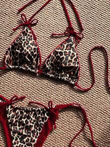 Swim SXY Summer Leopard Print Bowknot Front Halter Spaghetti Strap Bikini Swimwear Set For Women