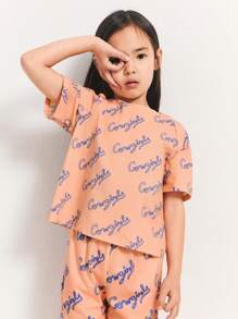 SHEIN Young Girls "Young Girls" Letter Print Loose Fit Dropped Shoulder Round Neck T-Shirt And Elastic Waist Ankle Length Pants Sets, Casual Daily Wear, Spring