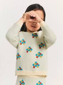 SHEIN Suéteres de manga larga con cuello redondo y estilo raglan con estampado floral colorido para niñas jóvenes - Beis - Ver 5