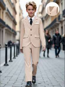 SHEIN 3pcs Tween Boys Business Suit Set: Elegant Korean Style Slim Fit Tuxedo Jacket + Vest + Straight Leg Pants, Formal Wear For Wedding, Party, All Season - Khaki - View 1