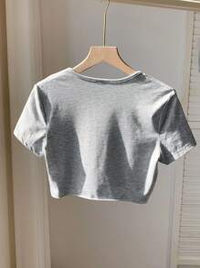 Comfortcana 女士圆领短袖镂空休闲上衣，日常穿着 - 灰色 - 查看 2