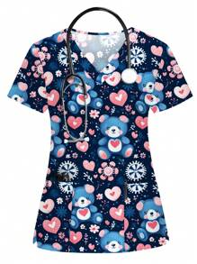 PopScrub 情人节心形卡通熊护士制服上衣，女式短袖手术服 T 恤 - 藏蓝色 - 查看 2