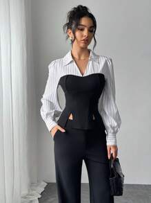 Chiquease 2pcs Set Women Patchwork Striped Lapel Long Sleeve Shirt & Straight Pants - Black and White - View 5