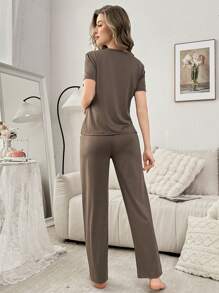 2pcs Heart Printed Pullover Casual Women Pajamas Set Lounge Set - Mocha Brown - View 2