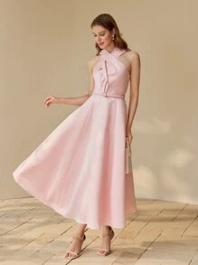 MOTF PREMIUM 优雅交叉无袖连衣裙 - 粉色 - 查看 8