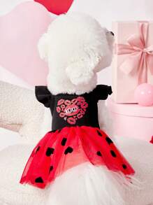 PETSIN 1pc Cute Heart Print & Mesh Contrast Dog Dress, Black With Red Heart, Suitable For Pet Valentine's Day