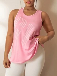 Gameset SHEIN Sport 大码圆领无袖字母印花休闲运动上衣 - 淺粉色 - 查看 1