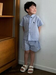DAZY Set de 2 piezas de camiseta de manga corta con botones delanteros a cuadros y shorts para niños pequeños