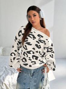 Flirla Losse, casual, veelzijdige luipaardprinttrui, sexy asymmetrische hals