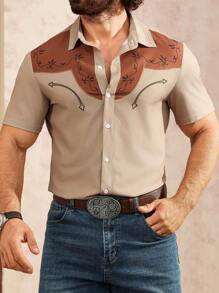 Manfinity Homme 男士植物印花撞色短袖休闲衬衫