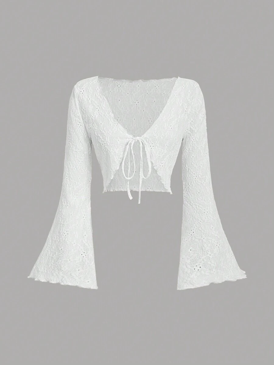 SHEIN MOD Vintage V-Neck Tie-Up Trumpet Sleeve Cropped Top For Women