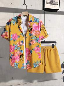 Genlund Manfinity RSRT 2 件男士花卉印花纽扣前短袖上衣和短裤套装，休闲，男士两件套服装，热带男士服装，热带男士衬衫，男士热带衬衫 - 黃色 - 查看 3