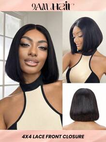 Transparent Lace Straight Blunt Cut 4 X 4 Lace Front Short Bob Wig Lace Closure Wig 150% Density Pixie Cut Natural Black Color Lace Closure Bob Wig
