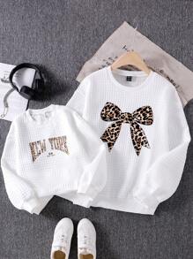 SHEIN Women Leopard & Bow Print Cozy Long Sleeve Pullover Sweatshirt, Casual Matching Mother Daughter - White - View 3