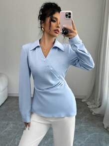 Selianne بلوزة نسائية للخريف/الشتاء، ذات طيات أمامية، أكمام طويلة، بتصميم سبطانة أمامية مائلة مع أزرار، لوحة أمامية مطوية، من قماش منسوج، للارتداء اليومي الكاجوال - أزرق فاتح اللون - مشاهدة 1