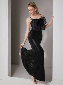 SHEIN Belle Vestido de noche elegante formal de lujo con suspensores finos, diseño de lentejuelas elásticas negras, para fiesta, cóctel y cena (artesanía exquisita). Vestido largo con volumen extra de cola de pez, con diseño de flor 3D, para graduación y eventos de boda