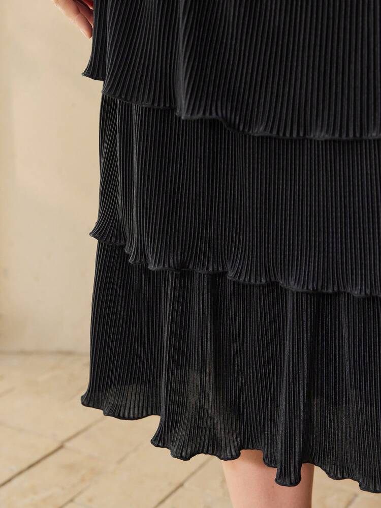 PLEATED RUFFLE LAYERED HEM DRESS