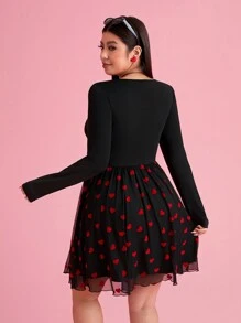 SHEIN EZwear فستان بطبقات قلب الشبك مقاس كبير، فستان رومانسي لعيد الحب من قطعتين بتصميم باتشوورك - متعدد الألوان - مشاهدة 2