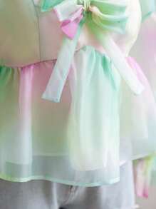 Soleia Women Plus Size Gradient Organza Tie Bow Ruffle Decor A-Line Flare Sleeve Blouse, Spring - Multicolor - View 6
