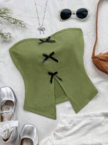 Soleia Women's Vacation Knit Tube Top, Fashionable Fitted Blouse With Elegant Bow Decor, Front Slit Design, Suitable For Party, Afternoon Tea, Layering In Autumn/Winter - Green - View 1