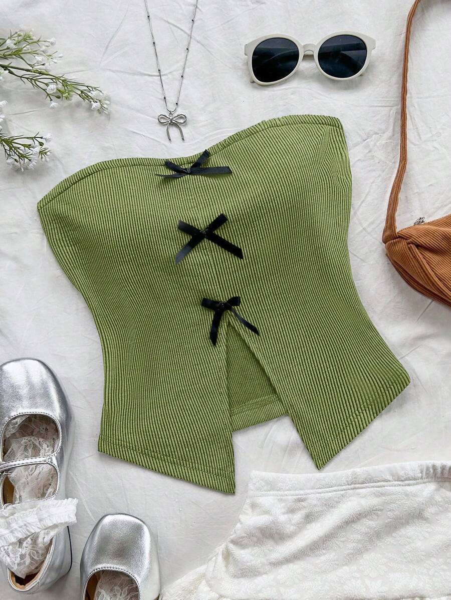 Soleia Women's Vacation Knit Tube Top, Fashionable Fitted Blouse With Elegant Bow Decor, Front Slit Design, Suitable For Party, Afternoon Tea, Layering In Autumn/Winter - Green - View 1