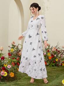 Modelyn 女士时尚印花长袖连衣裙 女式长款套装 - 白色 - 查看 3