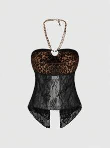 ROMWE J-Fashion Y2K Retro Sexy Cross Decor Leopard Lace Halter Neck Women Tank Top - Brown - View 2