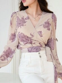 DAZY Áo kiểu nữ tay dài dáng ngắn họa tiết hoa, thích hợp cho kỳ nghỉ. - Nhiều màu - Xem 1