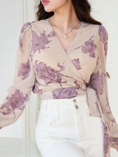 DAZY Women's Floral Wrap-Around Long Sleeve Cropped Blouse Vacation Outfits Women