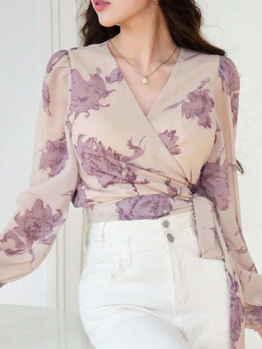 DAZY Áo kiểu nữ tay dài dáng ngắn họa tiết hoa, thích hợp cho kỳ nghỉ. - Nhiều màu - Xem 1