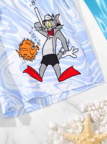 TOM & JERRY X SHEIN Shorts de plage pour hommes avec cordon de serrage à la taille et motif graphique de dessin animé