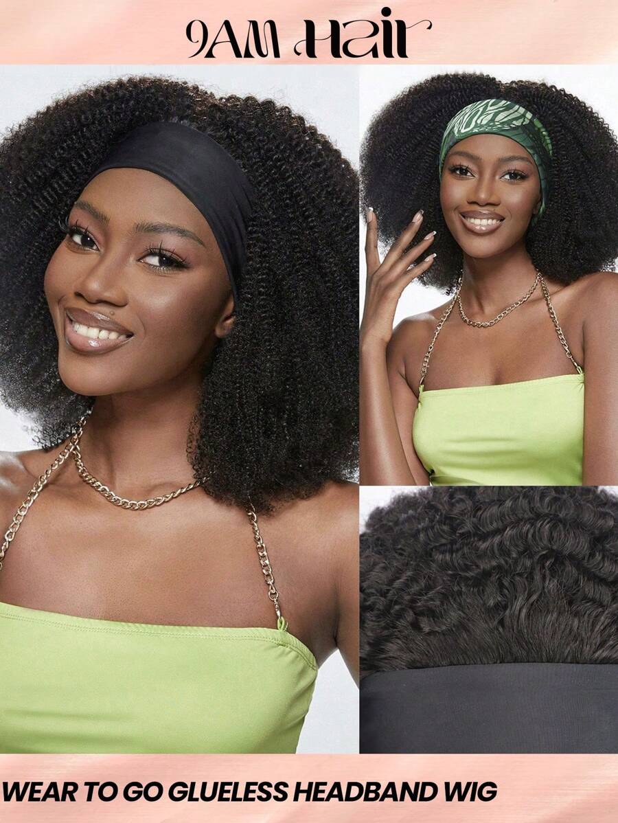 Afro Kinky Curly Headband Wigs Human Hair Wear&Go Jerry Curly Human Hair Wig With Head Band Machine Made For Woman Affordable Natural Black Color - SNatural - View 1