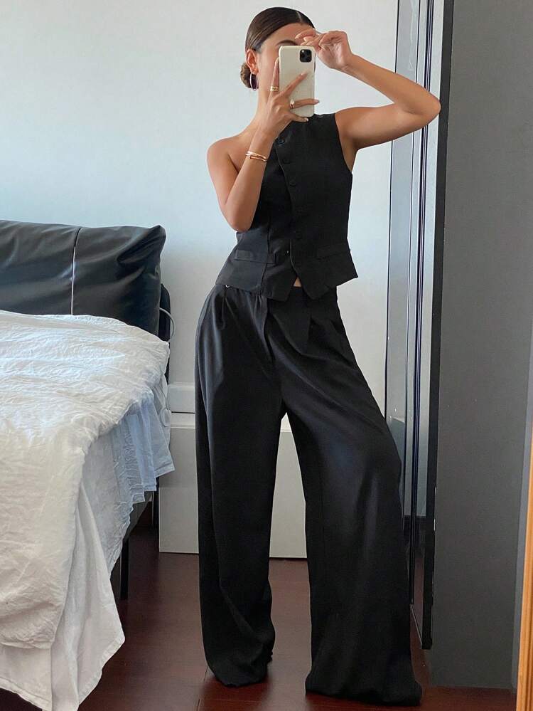 2pcs/Set Women Solid Color Fitted Singlet & Wide Leg Pants Set,Fall Clothes