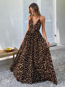 KARISMINA 深 V 领交叉露背豹纹连体春装 - 彩色 - 查看 1