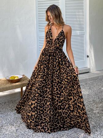 KARISMINA Tiefer Ausschnitt Kreuz-Rückenausschnitt Leopard Einteiler Frühlings Kleid