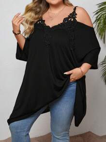 SHEIN CURVE+ Plus Size Summer Lace Collar Floral Patchwork Cold Shoulder Asymmetrical Hem T-Shirt Boho Vacation