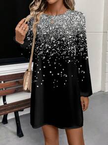 SHEIN LUNE Casual Shiny Graphic Round Neck Long Sleeve Short Dress For Women, Suitable For Spring And Autumn