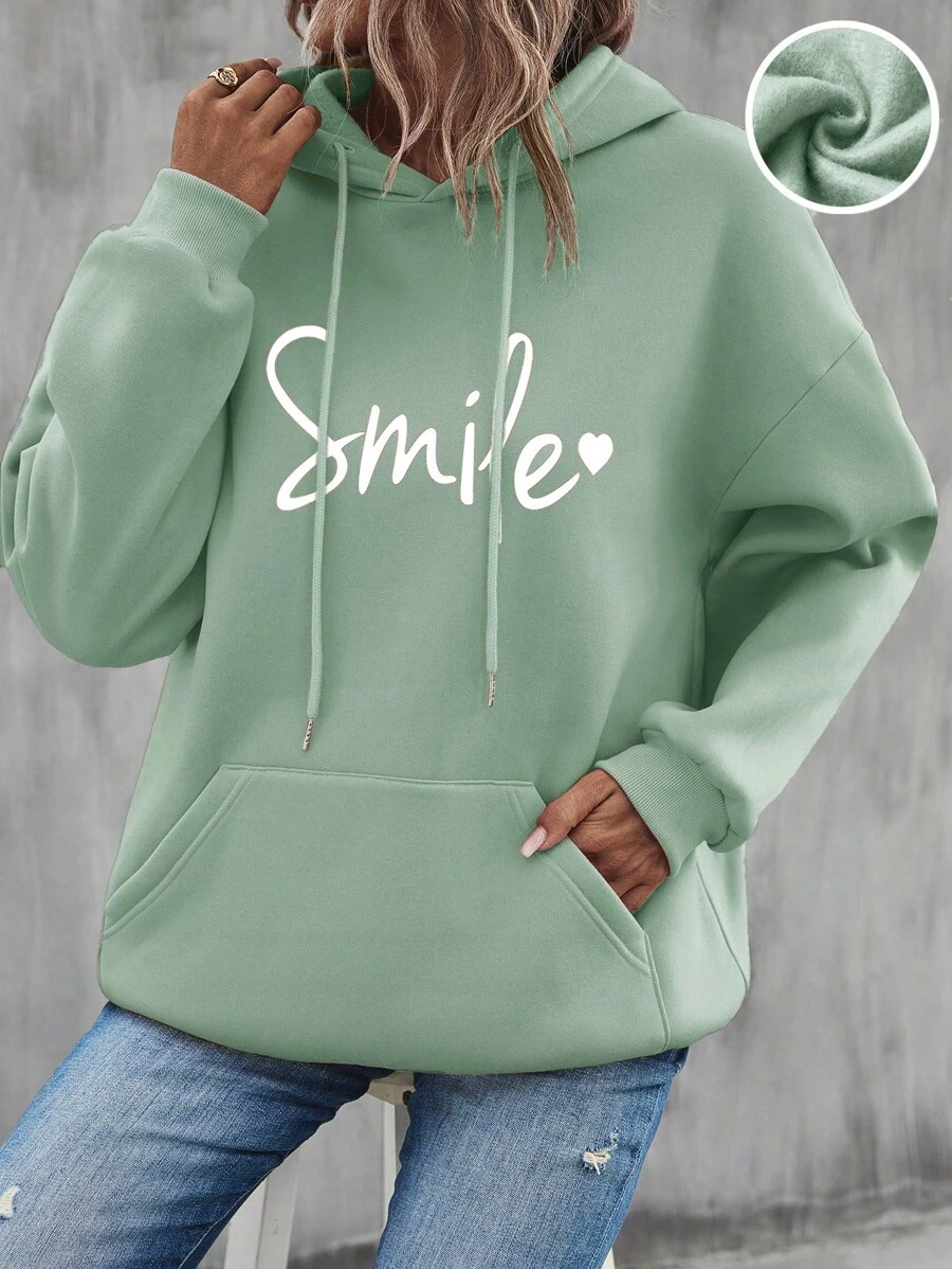 SHEIN Cottnline 棉质女式字母印花抽绳连帽衫 - 綠色 - 查看 1